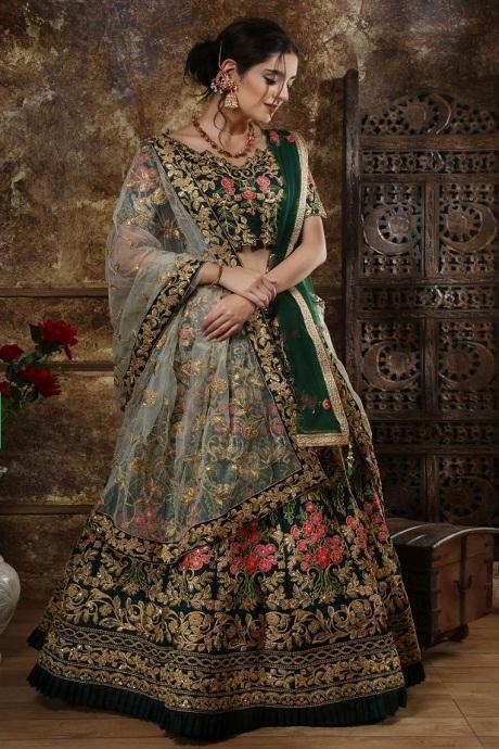 Green Color Pure Jardoshi Work Velvet Lehenga Blouse Design