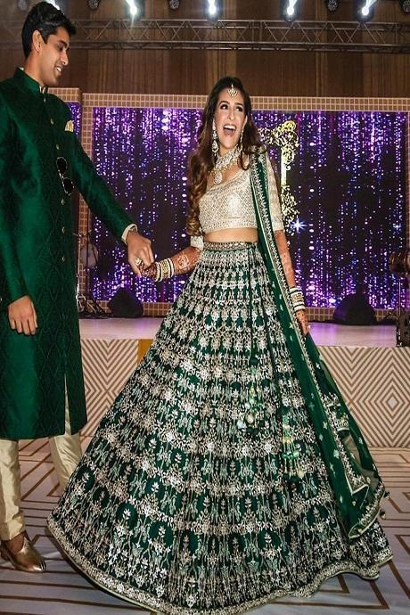 green color Organza Silk Jardoshi Embroidery Work Lengha Choli For Women