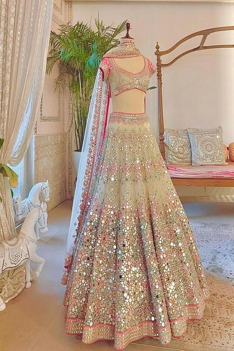 Attractive Style Off White Fancy Velvet Lehenga Choli