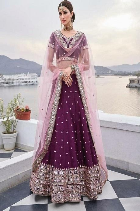 Soft Georgette Frill dark purple color Jardoshi Embroidery Work Lehenga Choli Collection