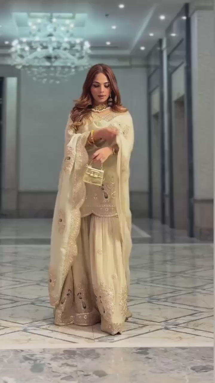 Embroidery Hand Printed Floral Designer Cream Color Salwar Kameez