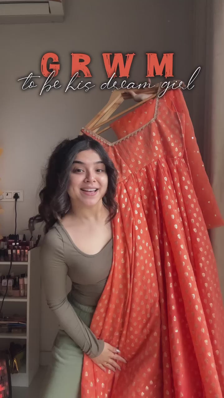 Designer orange Color Thread Work Party Wear Gown Design