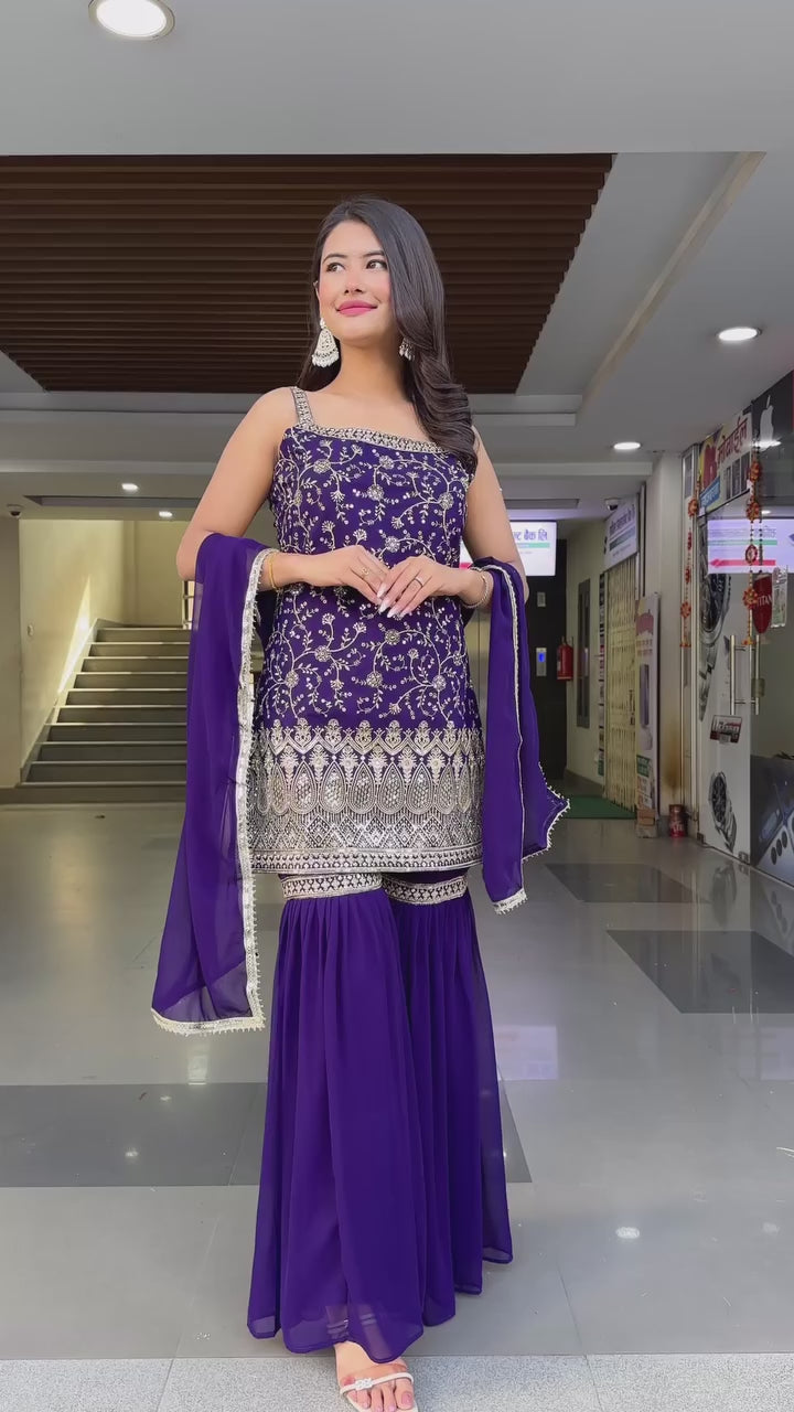purple Color Occasional Wear Digital Printed Three Piece
