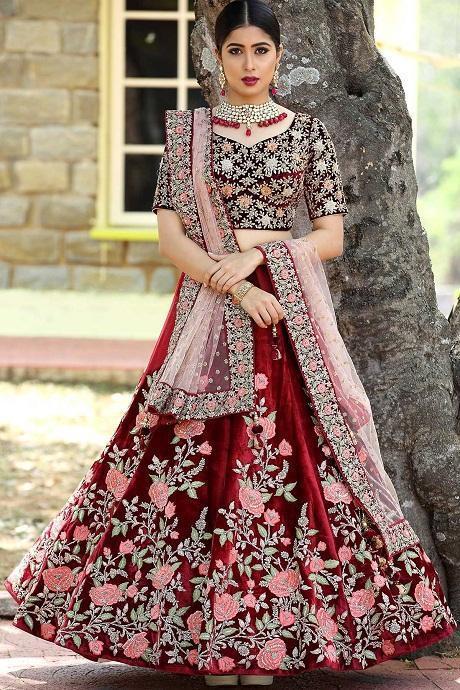 Art Silk Printed Embroidery Maroon color Velvet Lehenga Choli Design 2021