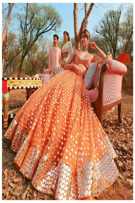 Bollywood Orange Color Embroidery Mirror Work Lehenga Choli For Girls