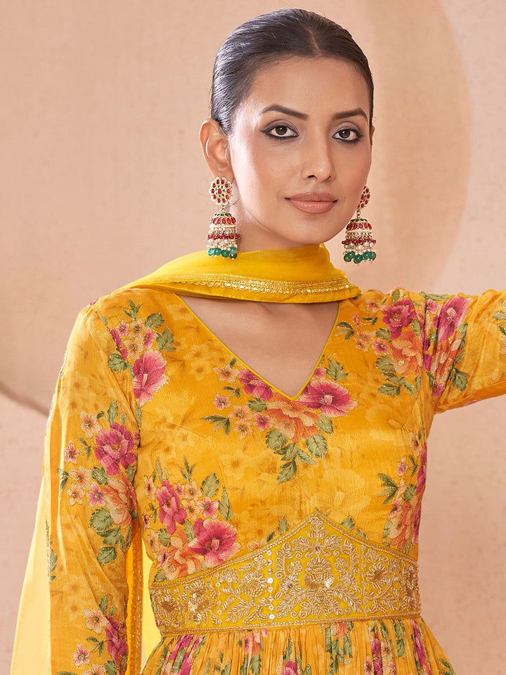 Multi Printed Mirror Work Fancy Gown Designs for women