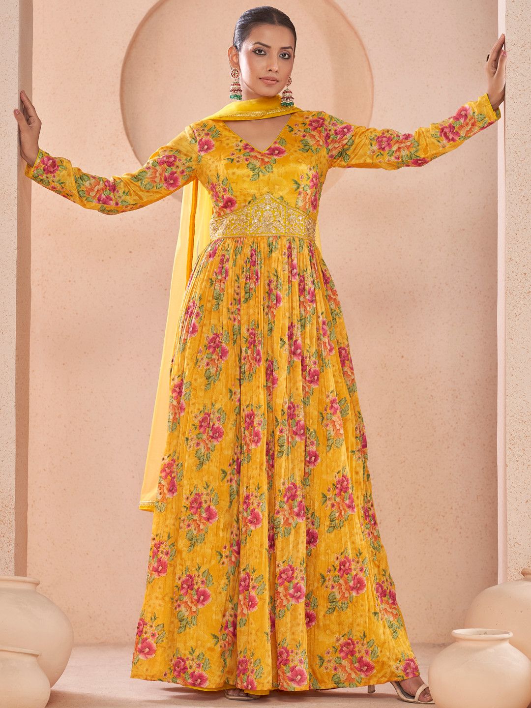 Multi Printed Mirror Work Fancy Gown Designs for women