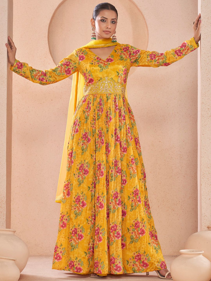 Multi Printed Mirror Work Fancy Gown Designs for women