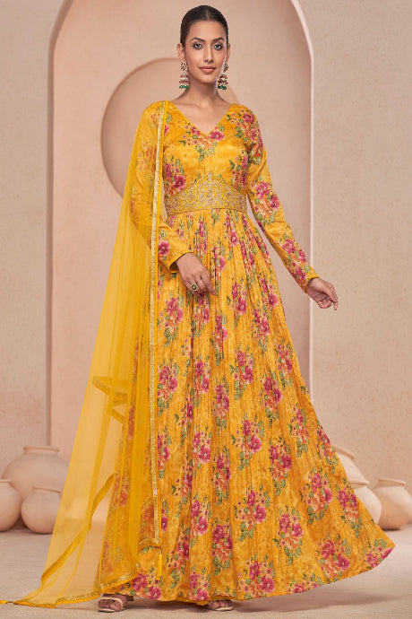Multi Printed Mirror Work Fancy Gown Designs for women