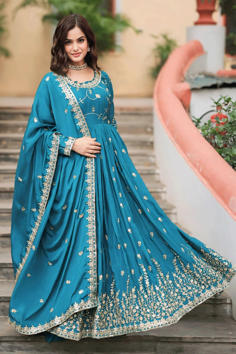 Designer Mirror Gorgette Embroidery Work Gown Dress