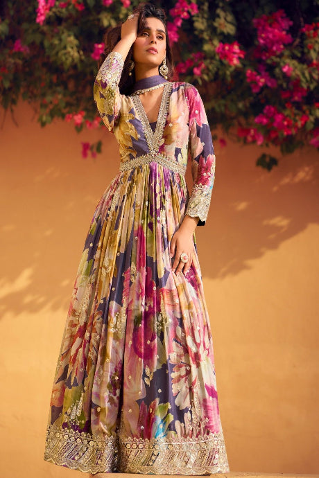 Multi Printed Online Stylish Gown Dress Designs For Girls