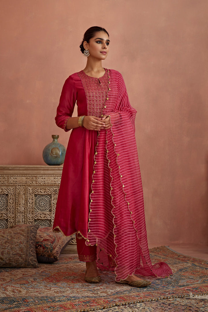 Appealing red Color Embroidery Work Bollywood Suits Set