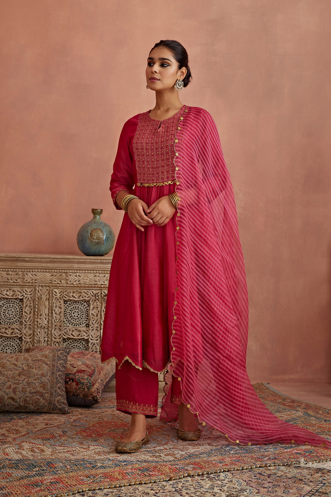 Appealing red Color Embroidery Work Bollywood Suits Set