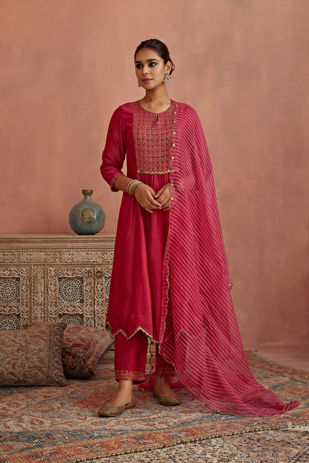 Appealing red Color Embroidery Work Bollywood Suits Set