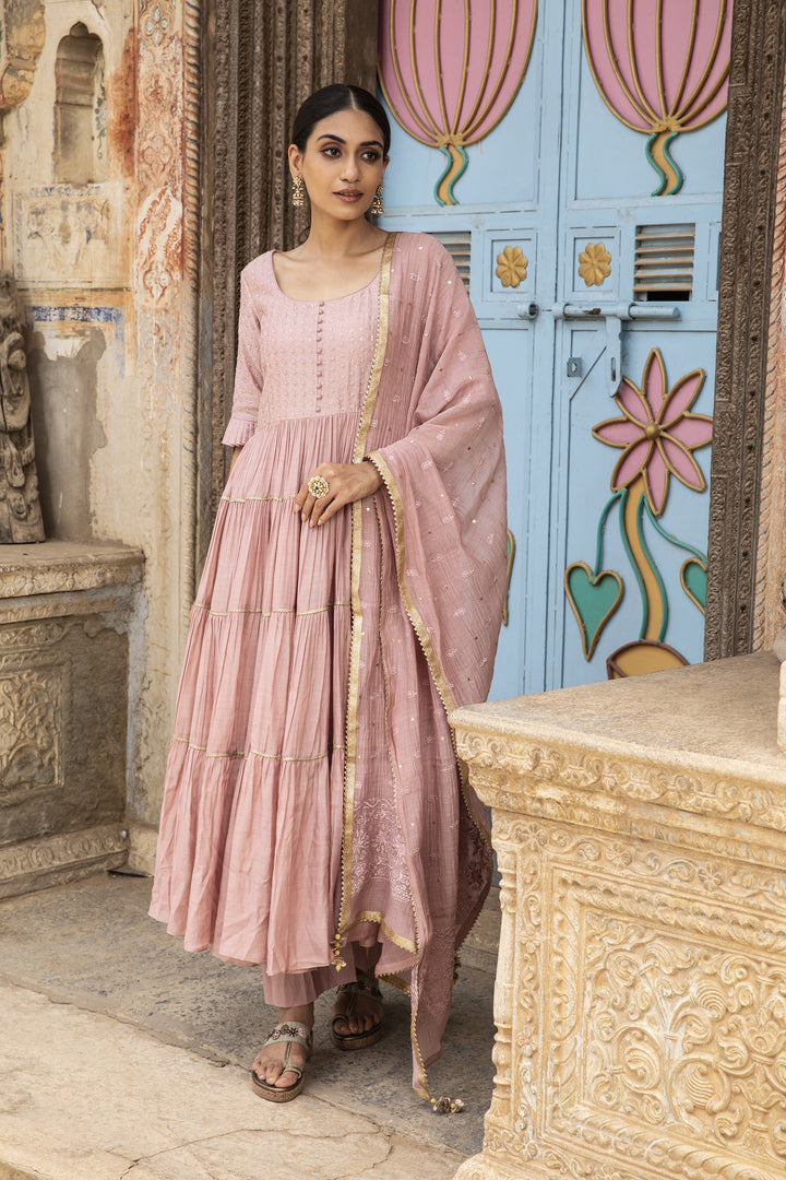 Amazing light pink Color Heavy Work Ruffle Kurti N Plazoo