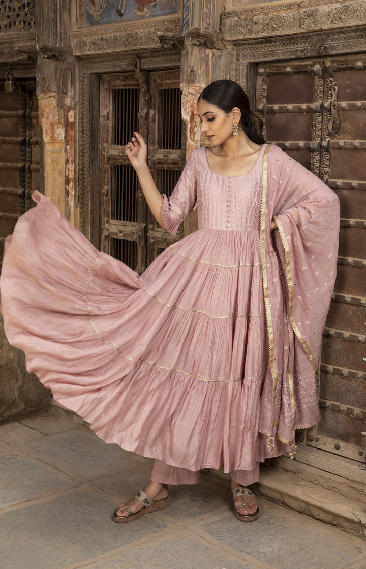 Amazing light pink Color Heavy Work Ruffle Kurti N Plazoo