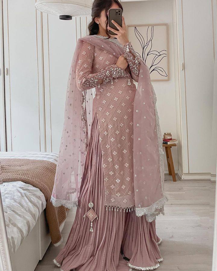 Fashionable peach Color Embroidery Work Kurti And Sarara Set