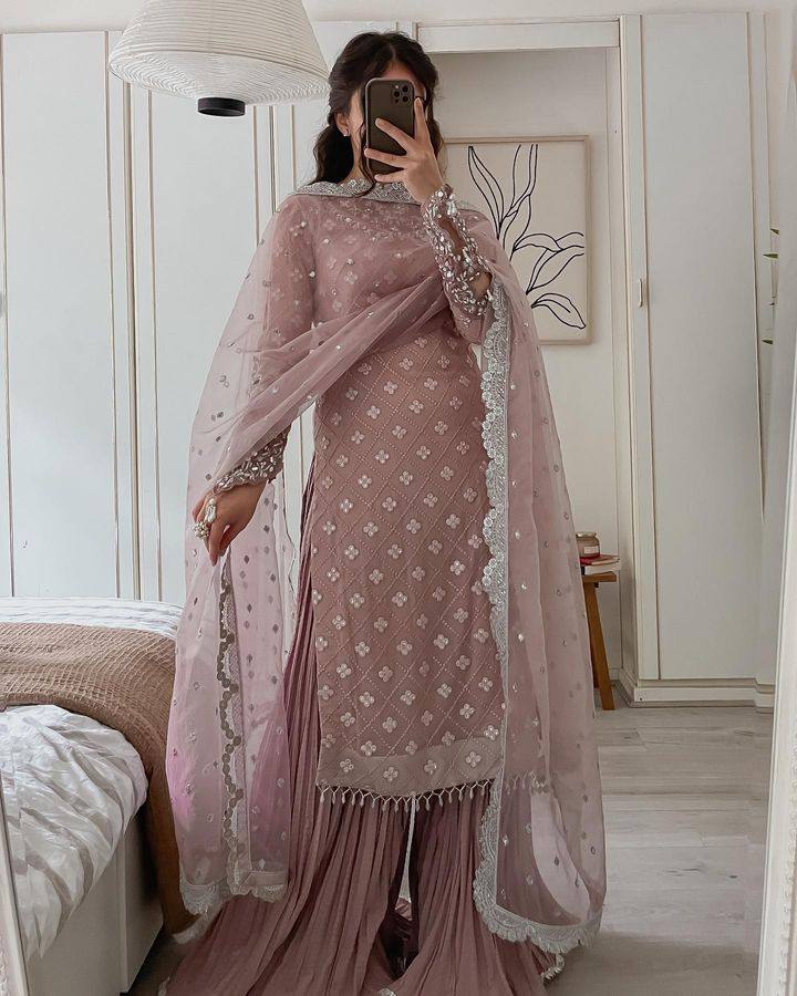 Fashionable peach Color Embroidery Work Kurti And Sarara Set