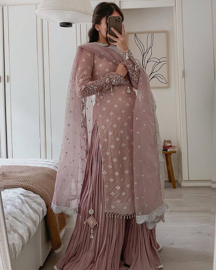 Fashionable peach Color Embroidery Work Kurti And Sarara Set