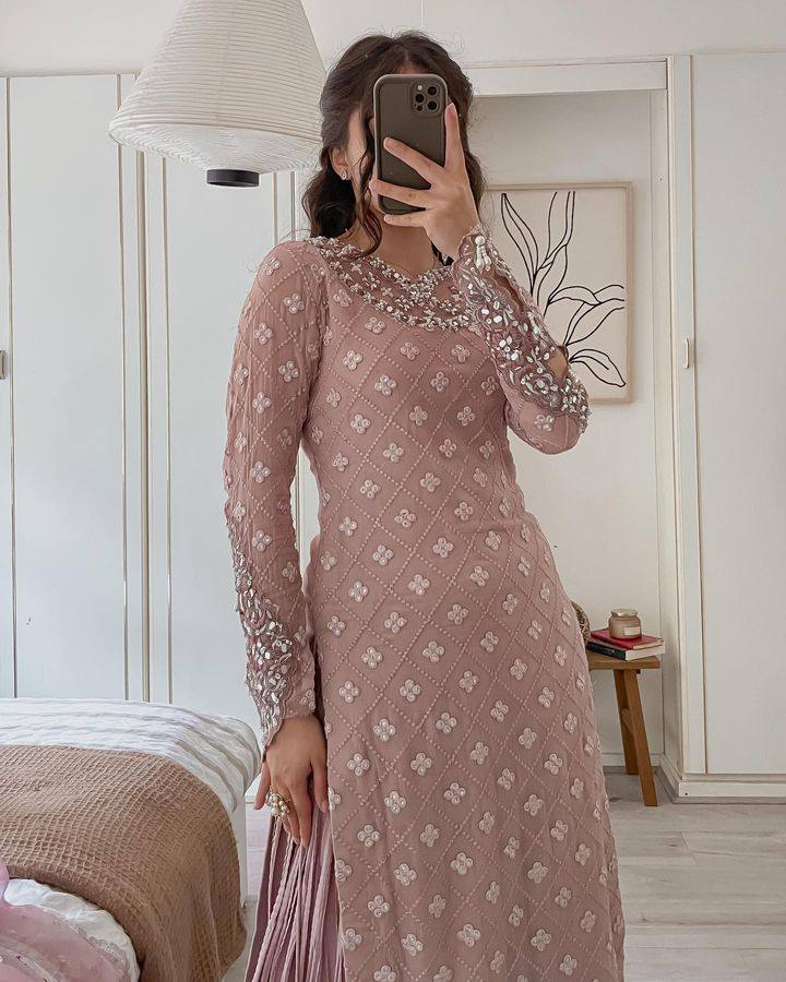 Fashionable peach Color Embroidery Work Kurti And Sarara Set