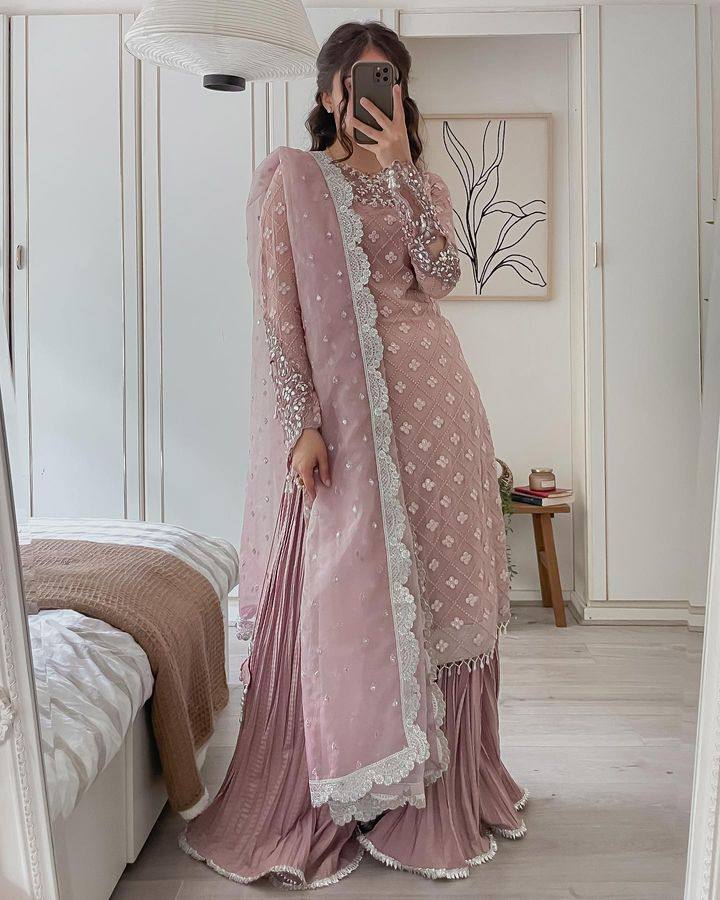 Fashionable peach Color Embroidery Work Kurti And Sarara Set