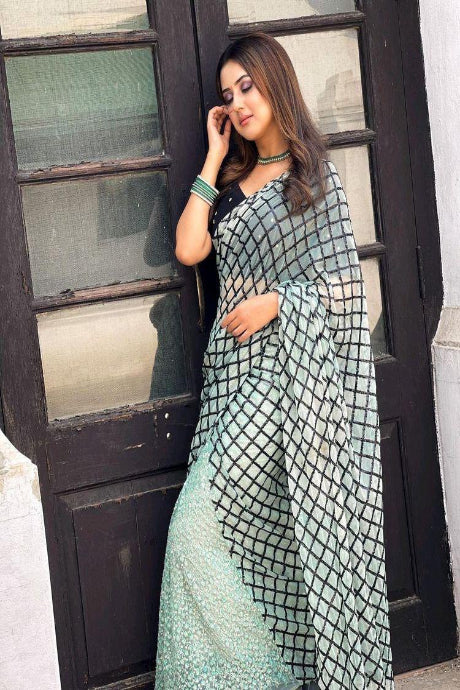 sky blue color Attractive Silk Fabric Embroidery Work sareei For Women