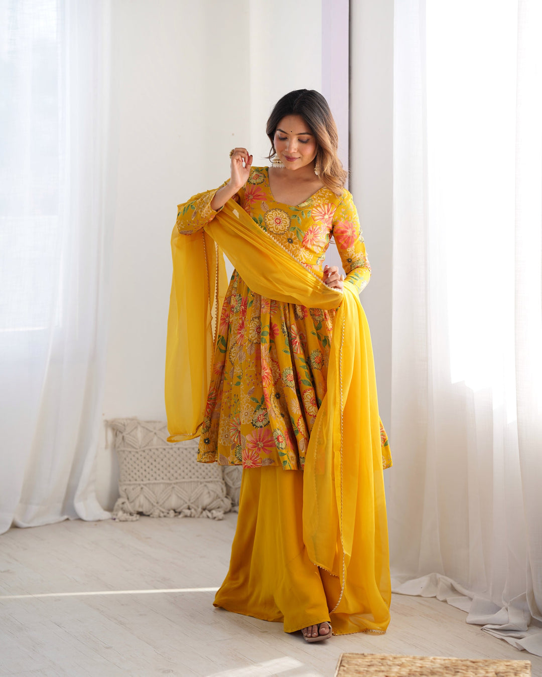 Antic yellow Colored Occasional Wear Digital Printed Three Piece