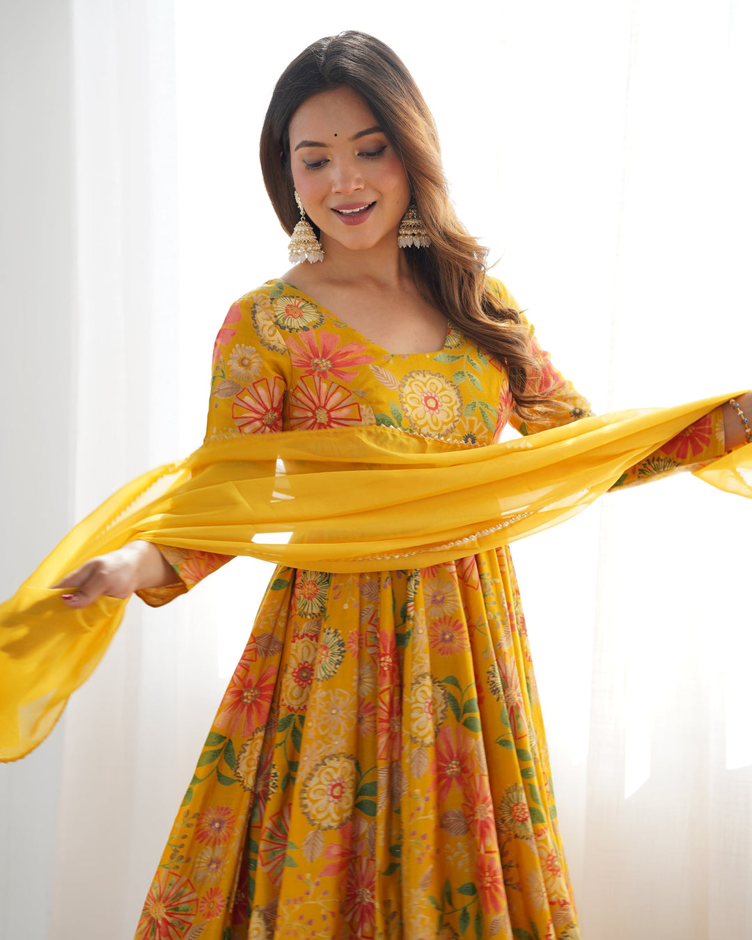 Antic yellow Colored Occasional Wear Digital Printed Three Piece