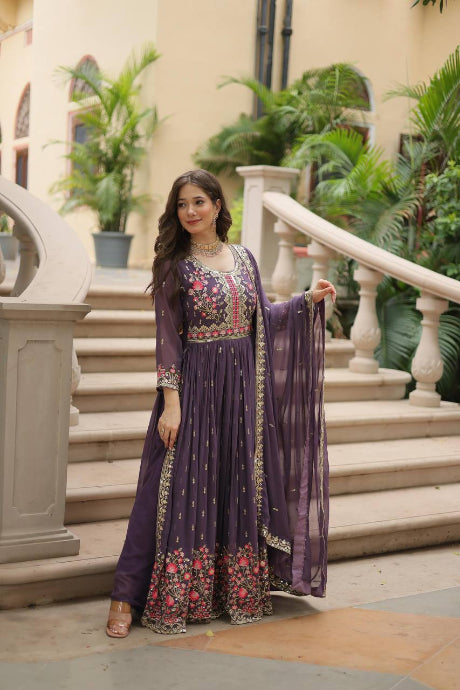 Admirable Heavy Embroidery Chiken Work Round Flair Gown for women