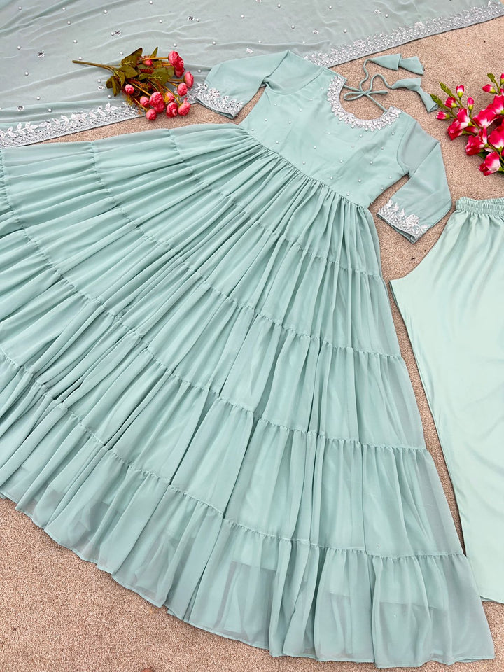 Pure Designer SequvanceEmbroidery Work Gown For Girls Party Wear