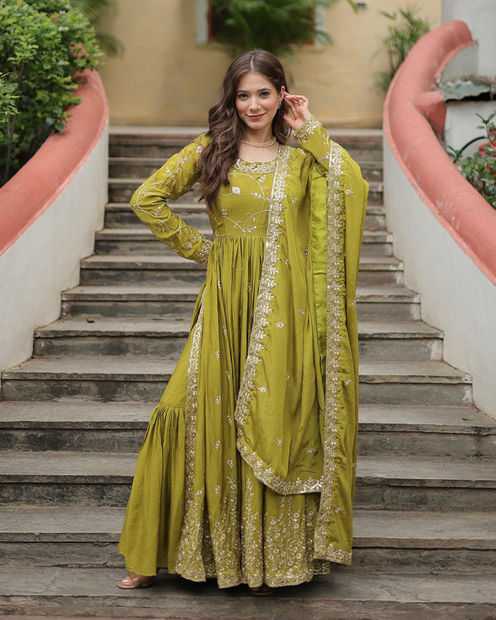 green Colored Occasional Wear Acttress Wear Three Piece