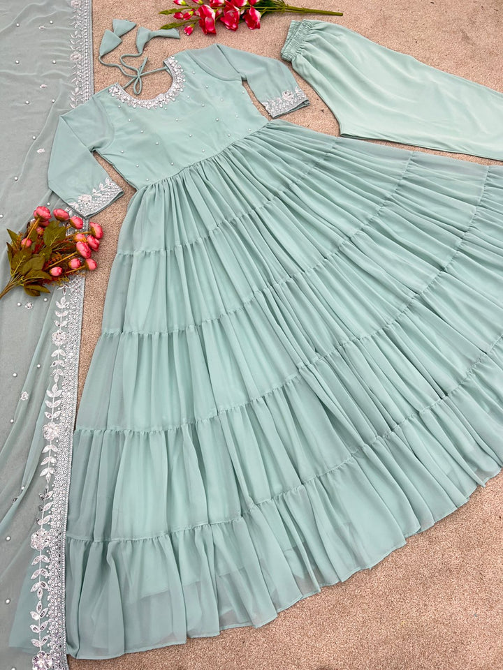 Pure Designer SequvanceEmbroidery Work Gown For Girls Party Wear