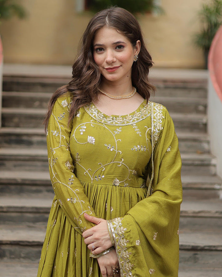 green Colored Occasional Wear Acttress Wear Three Piece