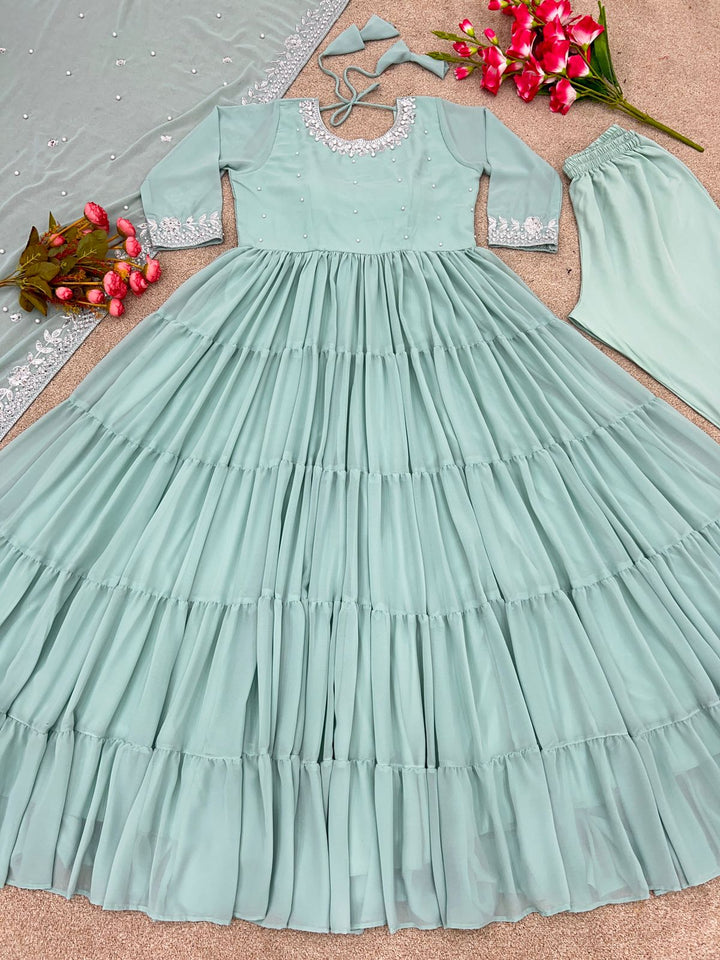 Pure Designer SequvanceEmbroidery Work Gown For Girls Party Wear