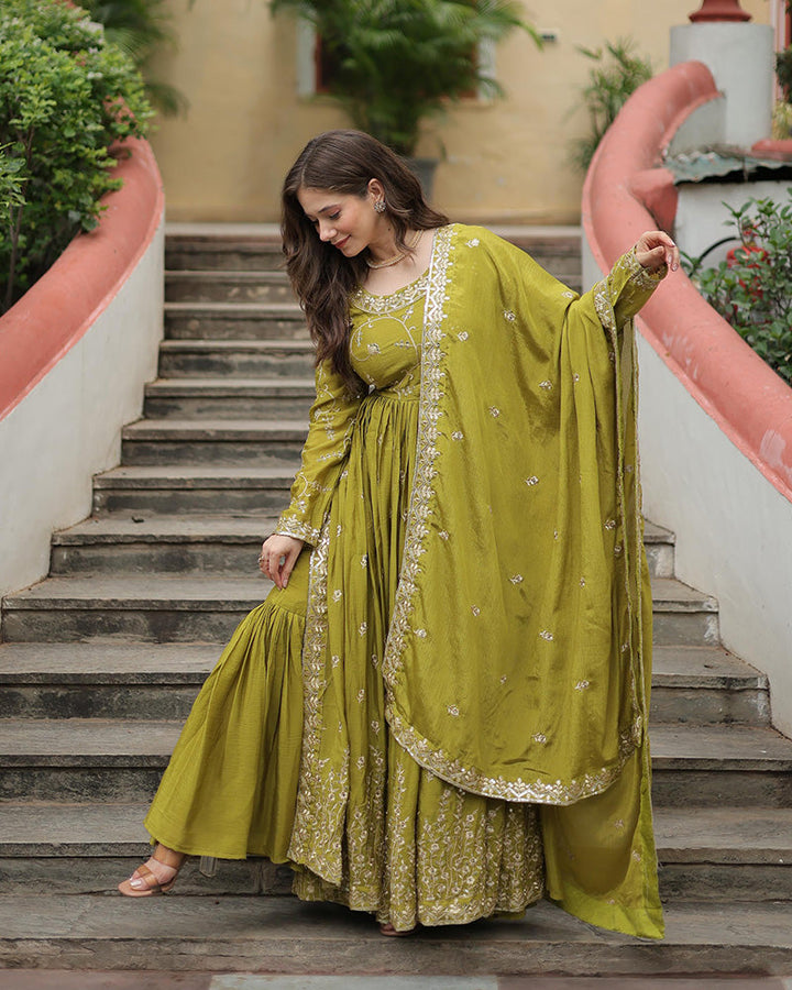 green Colored Occasional Wear Acttress Wear Three Piece
