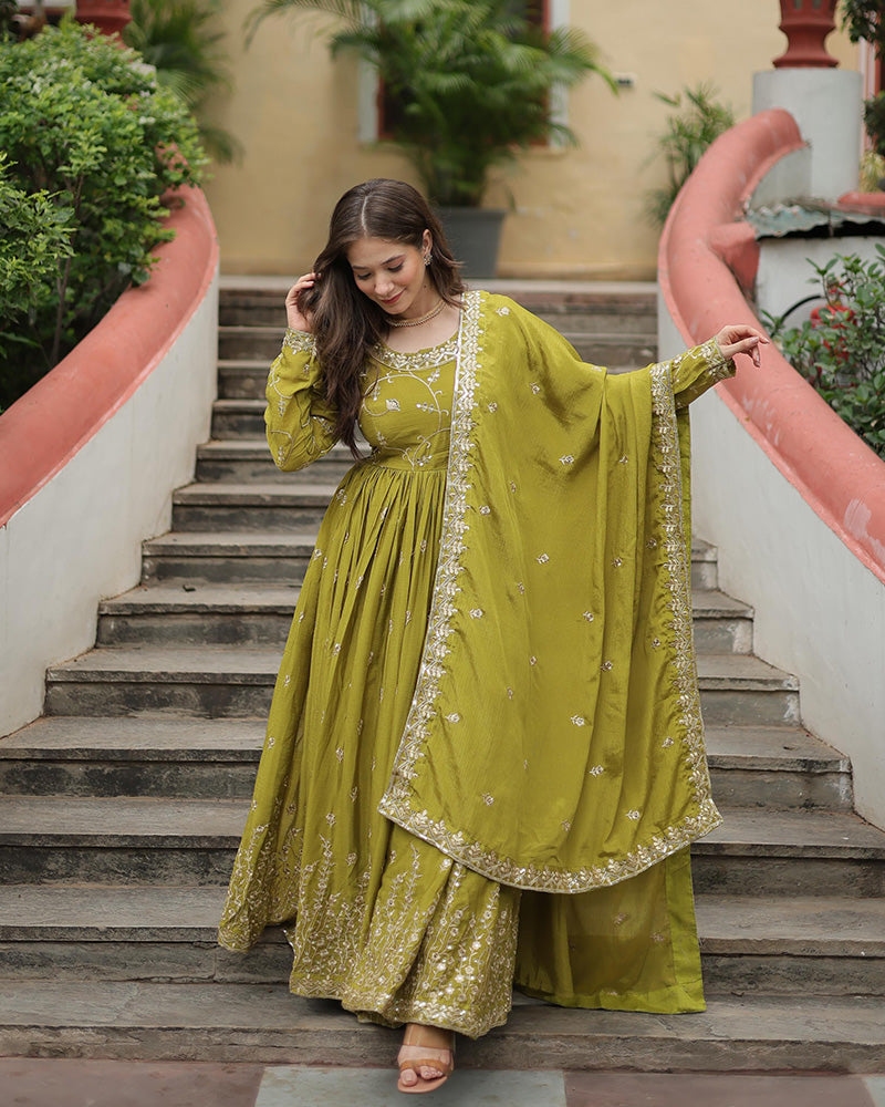 green Colored Occasional Wear Acttress Wear Three Piece