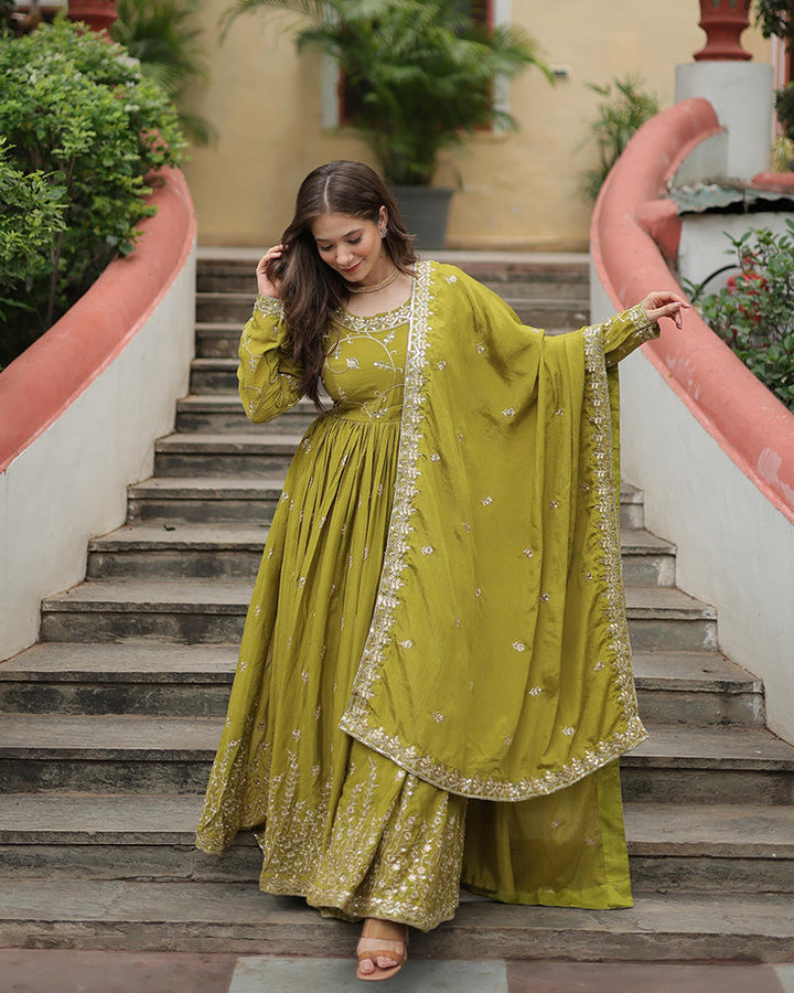 green Colored Occasional Wear Acttress Wear Three Piece