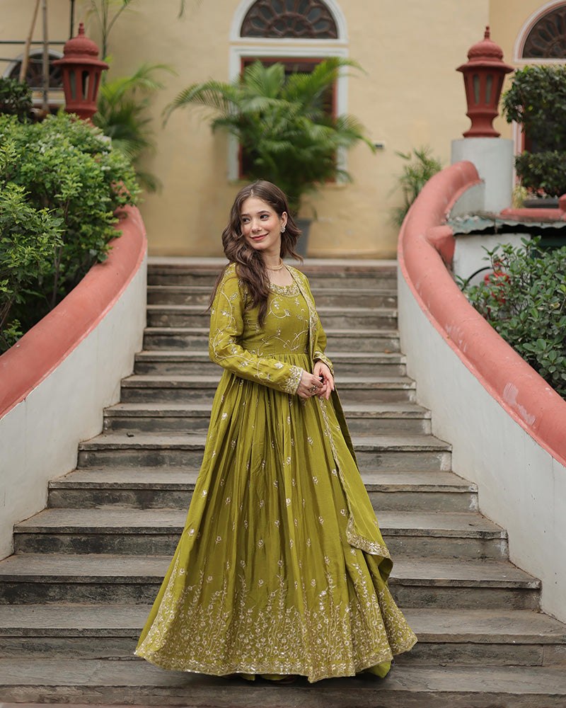 green Colored Occasional Wear Acttress Wear Three Piece
