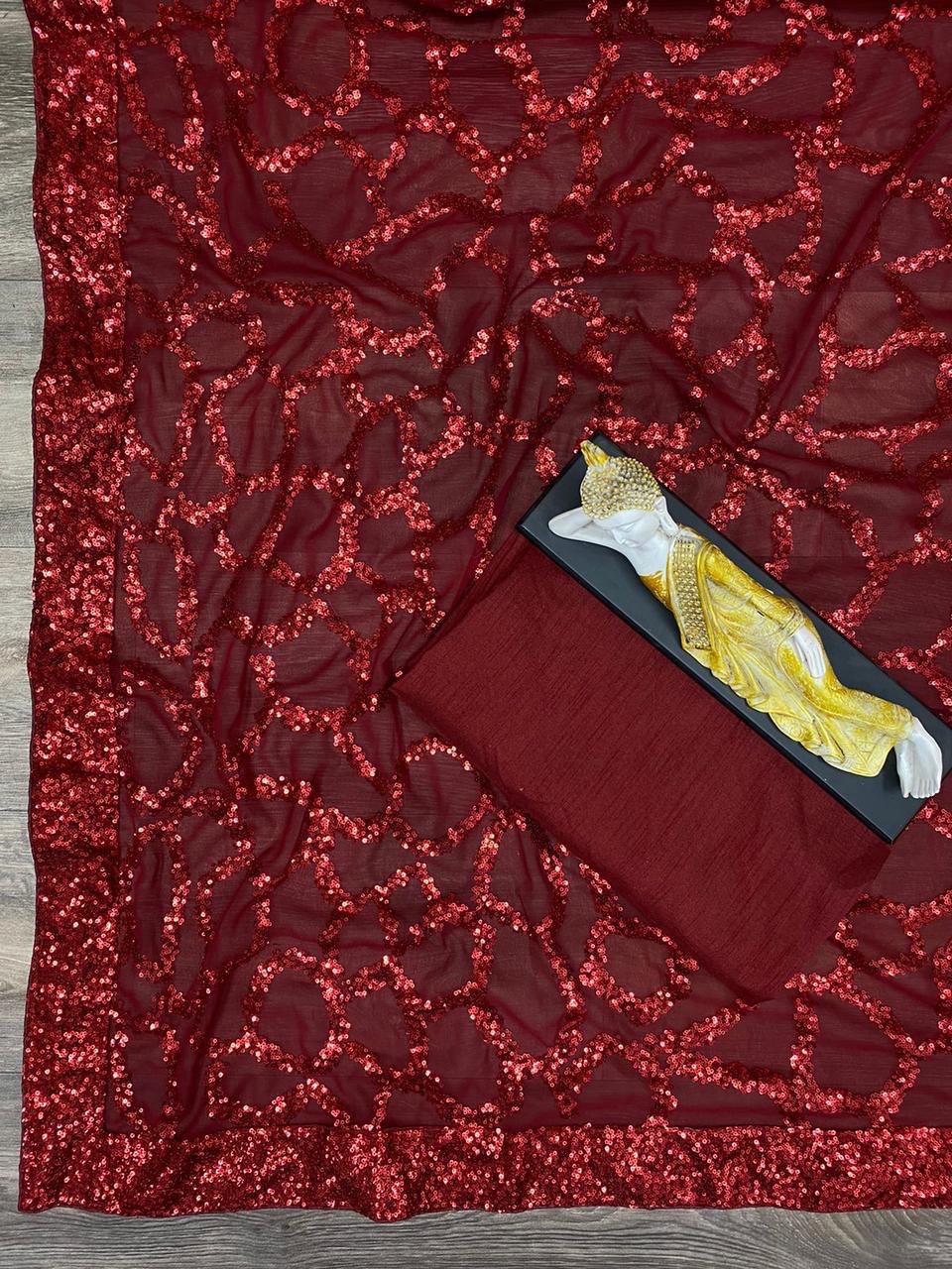 red Color Mirror Jardoshi Embroidery Work saree for women