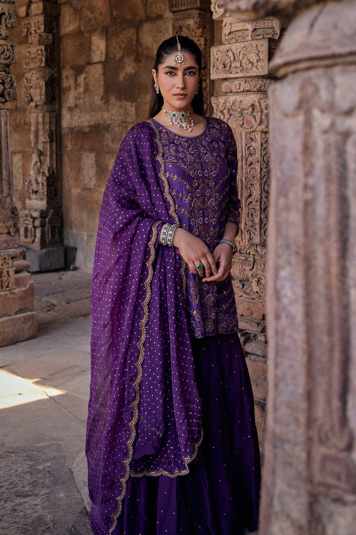 Pure Georgette purple color Embroidery and Hand Work Latest Designer Gown