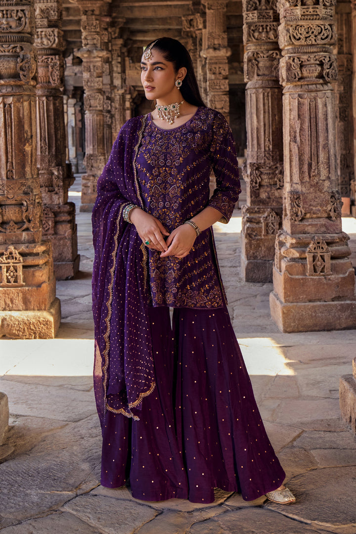 Pure Georgette purple color Embroidery and Hand Work Latest Designer Gown
