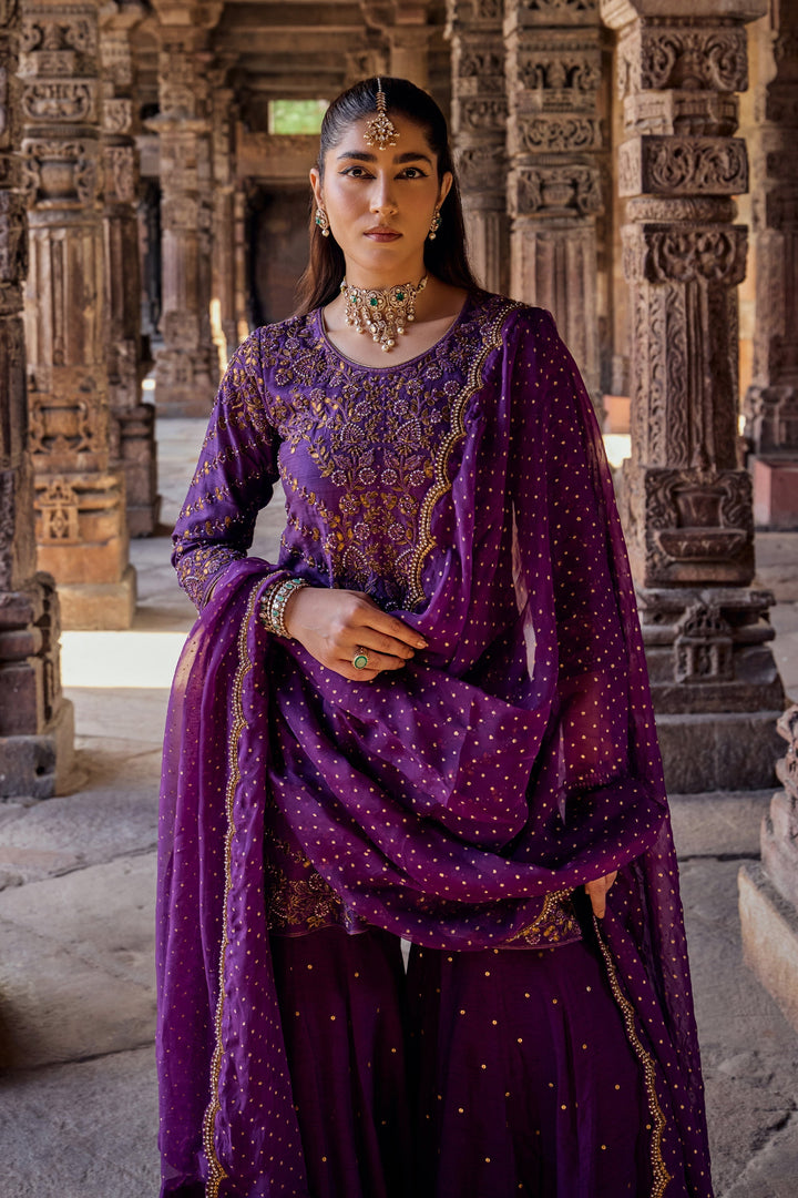 Pure Georgette purple color Embroidery and Hand Work Latest Designer Gown