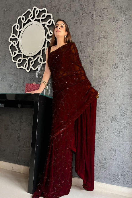 red Color Mirror Jardoshi Embroidery Work saree for women