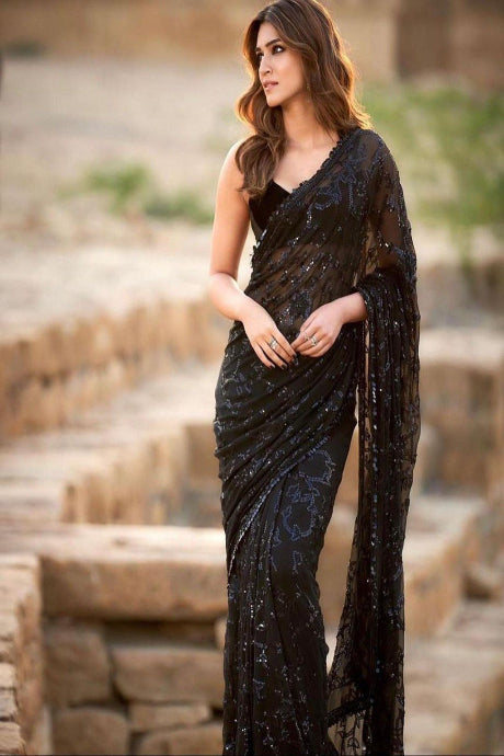Attractive black Color Jardoshi Work saree for women