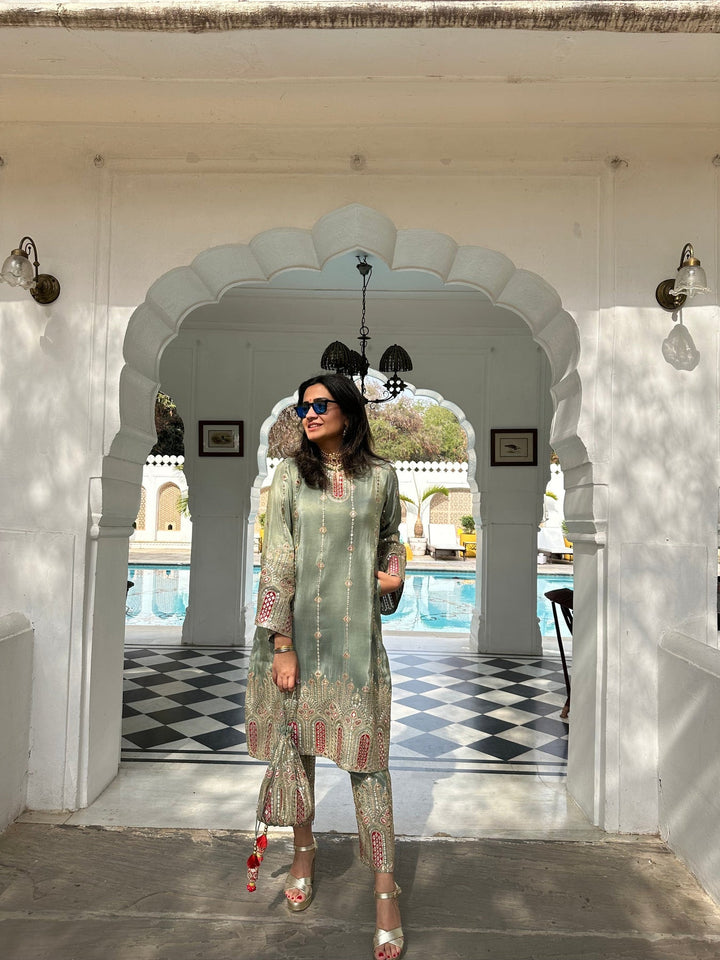 Fashionable Designer green color Hand Work Sarara And Kurti