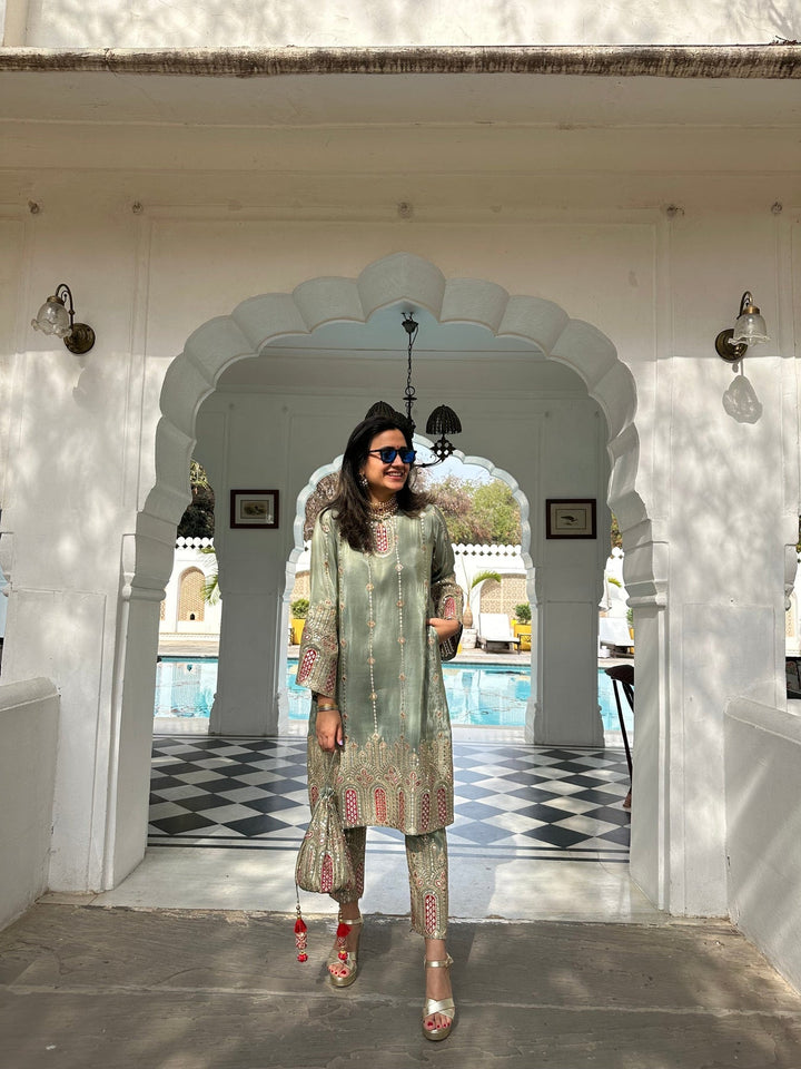 Fashionable Designer green color Hand Work Sarara And Kurti