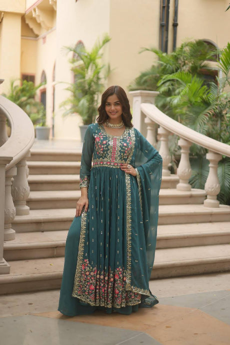 Pure Georgette Embroidery Latest Designer Chiken Work Gown for women