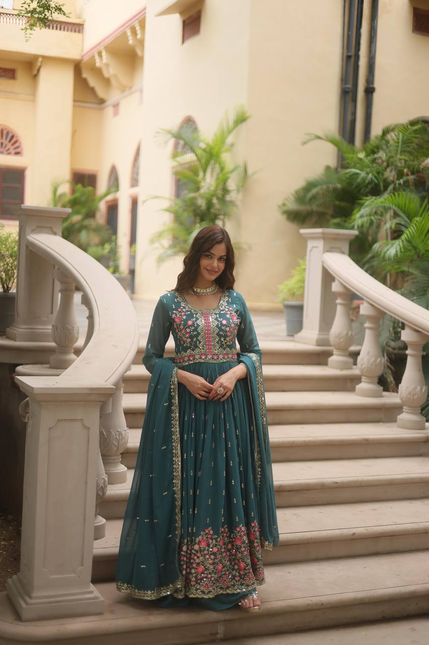 Pure Georgette Embroidery Latest Designer Chiken Work Gown for women