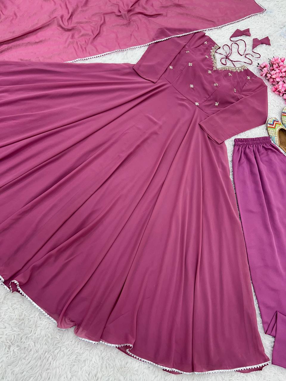 Pure Georgette Embrodiery Hand Work Designer Butterfly Gown for girls