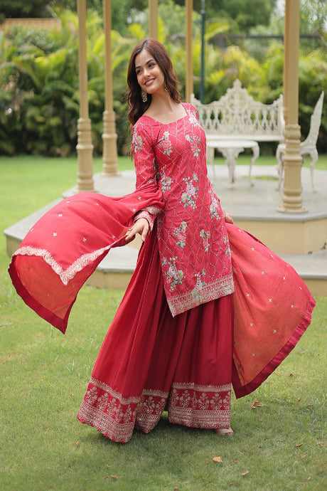 Printed red Color Cotton Linen Saree
